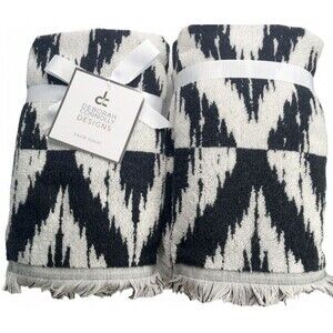 Deborah Connolly Hand Towels Bathroom Light Gray Black Fringe Abstract Set of 2
